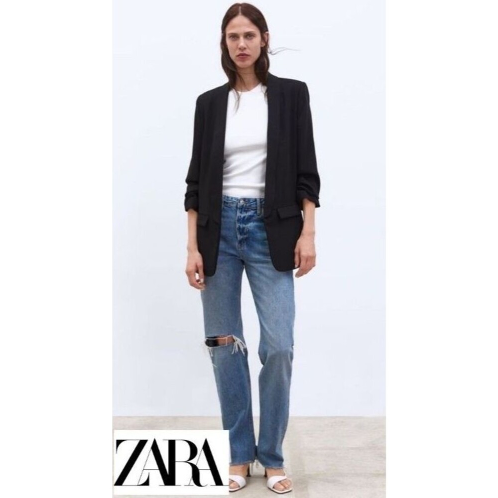 Zara Woman Black Open Blazer Jacket Crepe Large Ruched 3/4 Sleeve Gathered L